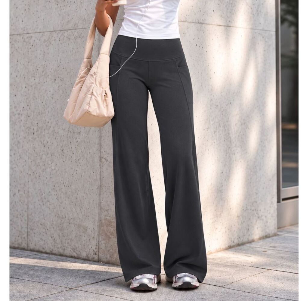 Jockey Gray Wide Leg Yoga Pants S High Waist Stretch Flare Leggings Pockets